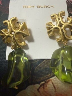Tory Burch Gold Logo Drop Earrings with Olive Green Resin Dangles